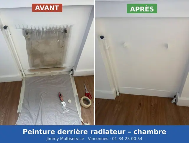 Chambre avant et après : mur derrière le radiateur gratté, rebouché et repeint.
