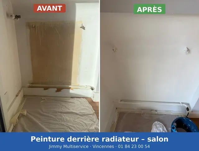 Salon avant et après : mur derrière le radiateur repeint en blanc.